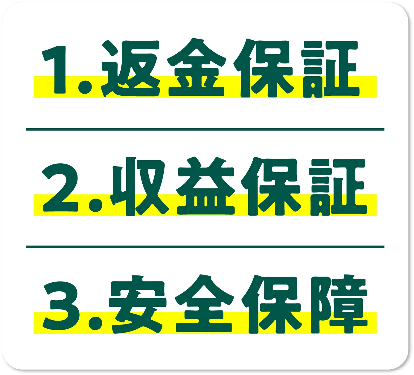 1.返金保証 2.収益保証 3.安全保障
